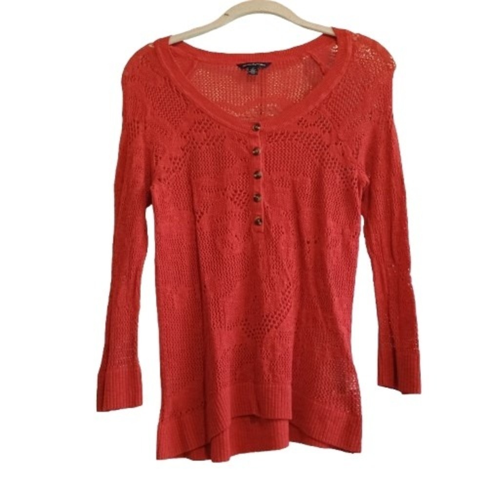 American Eagle Outfitters Red Open Knit Crochet Henley Sweater Size S/P